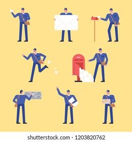 A character expressing various things of a postman. flat design style vector graphic illustration various people set.