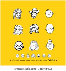 Character expression set / Hand drawn face illustrations - vector