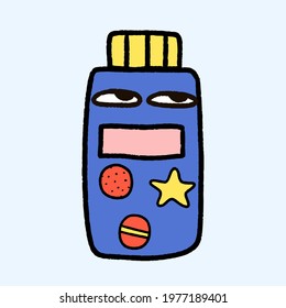 character with eyes - a bottle with pills and vitamins.Case for pills as indicated by a doctor.Dietary supplements for health care. Surreal medications.Hand drawn pencil style.baby medicine sticker