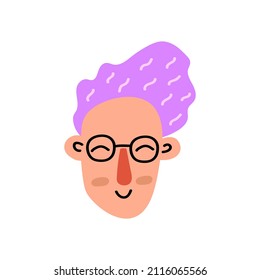 Character face cute grandmother in glasses isolated on white background. Trendy funny cartoon woman head. Colorful people avatar. Vector illustration