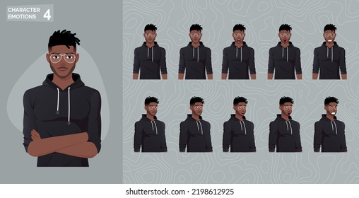 Character Face Expressions and Emotions Man Wearing Hoodie premium Vector