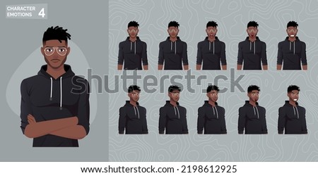 Character Face Expressions and Emotions Man Wearing Hoodie premium Vector