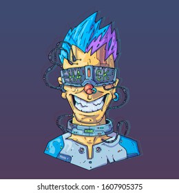 Character Face in futuristic virtual style. Cyber Punk Vector Illustration. Cartoon art for web and print. Trendy Cyber Art Poster.