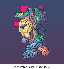 Character Face in futuristic virtual style. Cyber Punk Vector Illustration. Cartoon art for web and print. Trendy Cyber Art Poster.