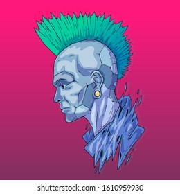 Cara de personaje en estilo virtual futurista. Ilustración de vectores Cyber Punk. Dibujo de caricaturas para web e impresión. Afiche moderno de ciberarte.