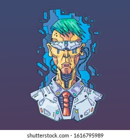 Character Face in futuristic virtual style. Cyber Punk Vector Illustration. Cartoon art for web and print. Trendy Cyber Art Poster.