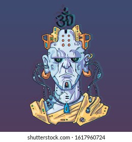 Character Face in futuristic virtual style. Cyber Punk Vector Illustration. Cartoon art for web and print. Trendy Cyber Art Poster.