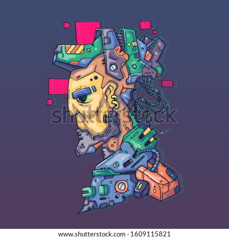 Character Face in futuristic virtual style. Cyber Punk Vector Illustration. Cartoon art for web and print. Trendy Cyber Art Poster.