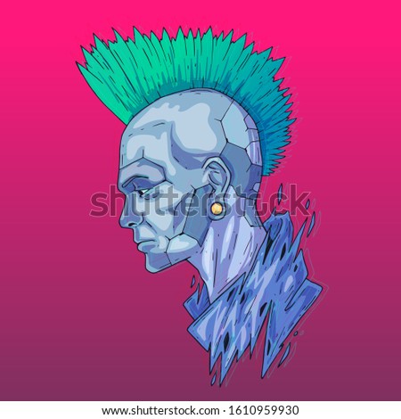Character Face in futuristic virtual style. Cyber Punk Vector Illustration. Cartoon art for web and print. Trendy Cyber Art Poster.