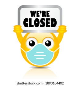 Character with face mask holds sign we're closed, vector cartoon