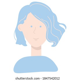 character. Face of a teenage girl close-up. Vector stock illustration. A smiling girl with blue hair. hairstyle square, curly hair. Avatar for social networks. Isolated on a white background.