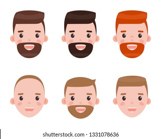 Character faces vector, isolated icons of person with different hair colors. Brunette and redhead male with beards, variety of hairstyles flat style