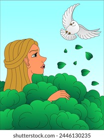 A character from a fairy tale. A girl among the crowns of trees disturbed a bird. An episode from a fairy tale. 