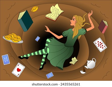 A character from a fairy tale, a girl falls into a rabbit hole.