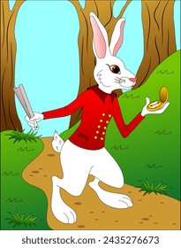 A character from a fairy tale, a rabbit with a clock.