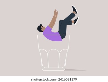 A character falling into the depths of an empty glass, symbolizing the descent into the metaphorical rock bottom, associated with alcohol problems