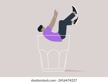 A character falling into the depths of an empty glass, symbolizing the descent into the metaphorical rock bottom, associated with alcohol problems