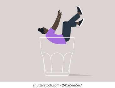 A character falling into the depths of an empty glass, symbolizing the descent into the metaphorical rock bottom, associated with alcohol problems