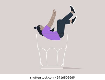 A character falling into the depths of an empty glass, symbolizing the descent into the metaphorical rock bottom, associated with alcohol problems