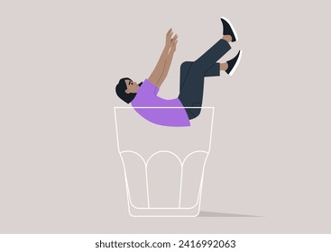 A character falling into the depths of an empty glass, symbolizing the descent into the metaphorical rock bottom, associated with alcohol problems