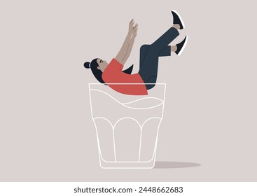 A character falling into the depths of an empty glass, symbolizing the descent into the metaphorical rock bottom, associated with alcohol problems