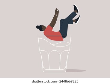 A character falling into the depths of an empty glass, symbolizing the descent into the metaphorical rock bottom, associated with alcohol problems