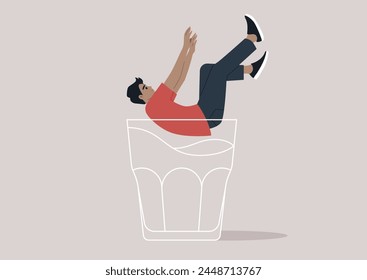 A character falling into the depths of an empty glass, symbolizing the descent into the metaphorical rock bottom, associated with alcohol problems