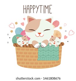 The character of family cat sitting on the basket with a yarn in the flat vector style. Illustration about mother day for graphic,content , banner, sticker and greeting card.