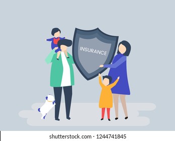 Character of a family holding an insurance illustration