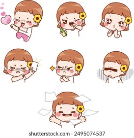 character, fancy, homebody, emoji, girl, baby, child, emotion, expression, cute, 2 figure, vector, woman, smile, illustration