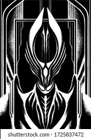 Character fantasy, Dark Lord, ruler, warrior, without eyes, in large armor, with long bones neck and broad shoulders, with big elongated crown on his head, on black background, with a portal and arch.