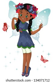 Character of fantasy Fairy berries on his head as a hat with flying butterflies-eps 10
