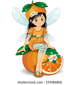 Character of fantasy fairy sitting on a 'orange- various levels-editable-transparency blending effects and gradient mesh EPS-10.
