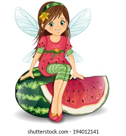 Character of fantasy fairy sitting on a watermelon-various levels-editable-transparency blending effects and gradient mesh EPS-10. 