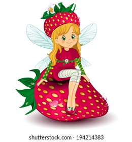 Character of fantasy fairy sitting on a  strawberry-various levels-editable-transparency blending effects and gradient mesh EPS-10.