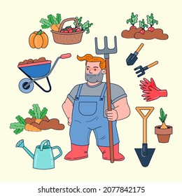 Character farmer with agricultural tools and product such as shovel, pickaxe, straw fork, pots, gloves, boots, vegetable, carrot, beetroot, tomato, pumpkin, cart, watering can, scallion, soil, bib, 