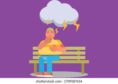 A character of a fat boy brooding on a wooden bench. Simple character vector illustration, this illustration can use as a sticker also.