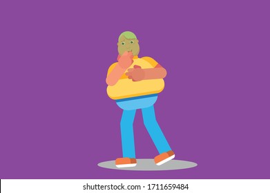 Un personaje de un chico gordo siente náuseas. Tema de caracteres. Simple ilustración vectorial de caracteres, esta ilustración también puede utilizarse como pegatina.