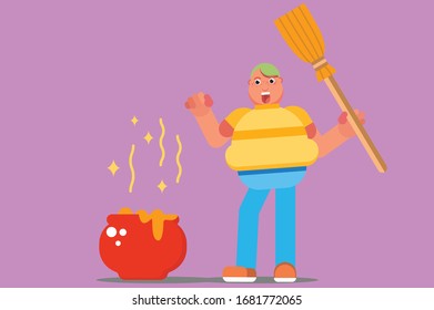 A character of a fat boy make a potion, Halloween theme. Simple character vector illustration, this illustration can use as a sticker also.