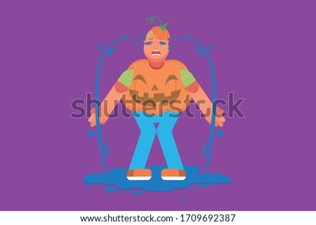 A character of a fat boy with a pumpkin costume crying profusely. Halloween theme. Simple character vector illustration, this illustration can use as a sticker also.