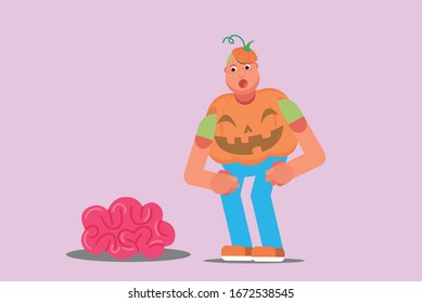 Personaje de un chico gordo con disfraz de calabaza mientras ve el cerebro, tema de Halloween. Simple ilustración vectorial de caracteres, esta ilustración también puede utilizarse como pegatina.