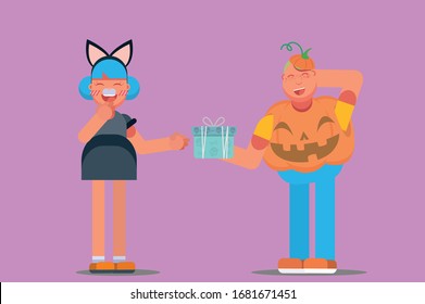 A character of a fat boy wearing a pumpkin costume giving a gift to his friend, Halloween theme. Simple character vector illustration, this illustration can use as a sticker also.