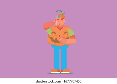 A Character Of The Fat Kid In The Pumpkin Costume Holds His Full Stomach, Halloween Theme. Simple Character Vector Illustration, This Illustration Can Use As A Sticker Also.