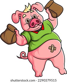 character a fat pig holding two food parcels of illustration