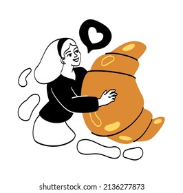 Character with favorite food abstract concept. Young smiling woman holds large croissant in her hands. Traditional French cuisine. Fresh sweet pastries. Cartoon contemporary flat vector illustration