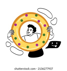 Character with favorite food concept. Young man holds large donut with sweet icing and fruit filling. Delicious fresh pastries with sugar. Quick snack. Cartoon modern flat vector illustration