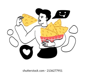 Character with favorite food concept. Young man holds package of crispy nachos and eats them. Quick snack with chips. Male character with junk food. Cartoon contemporary flat vector illustration