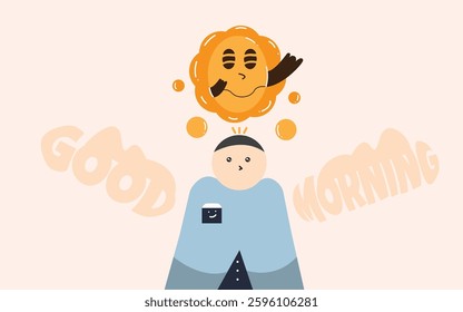 A character featuring a cozy morning vibe. is gently greeted by a smiling, expressive sun, radiating warmth and positivity.