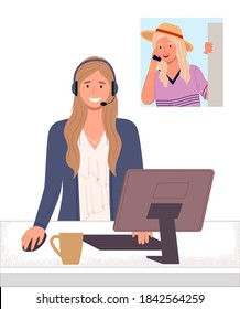 Character female call center hotline. Online support worker, telephone service operator. Satisfied girl manager and happy smiling customer woman with phone. Remote service specialist with headphone