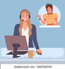 Character female call center hotline. Online support worker, telephone service operator. Satisfied girl manager and happy smiling customer woman illustration. Remote service specialist with headphone